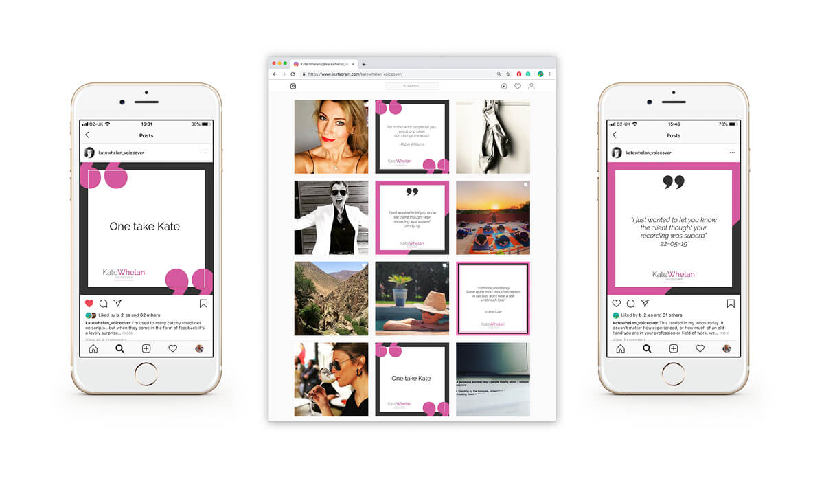 Kate Whelan Voiceover bespoke branded Instagram social media templates.