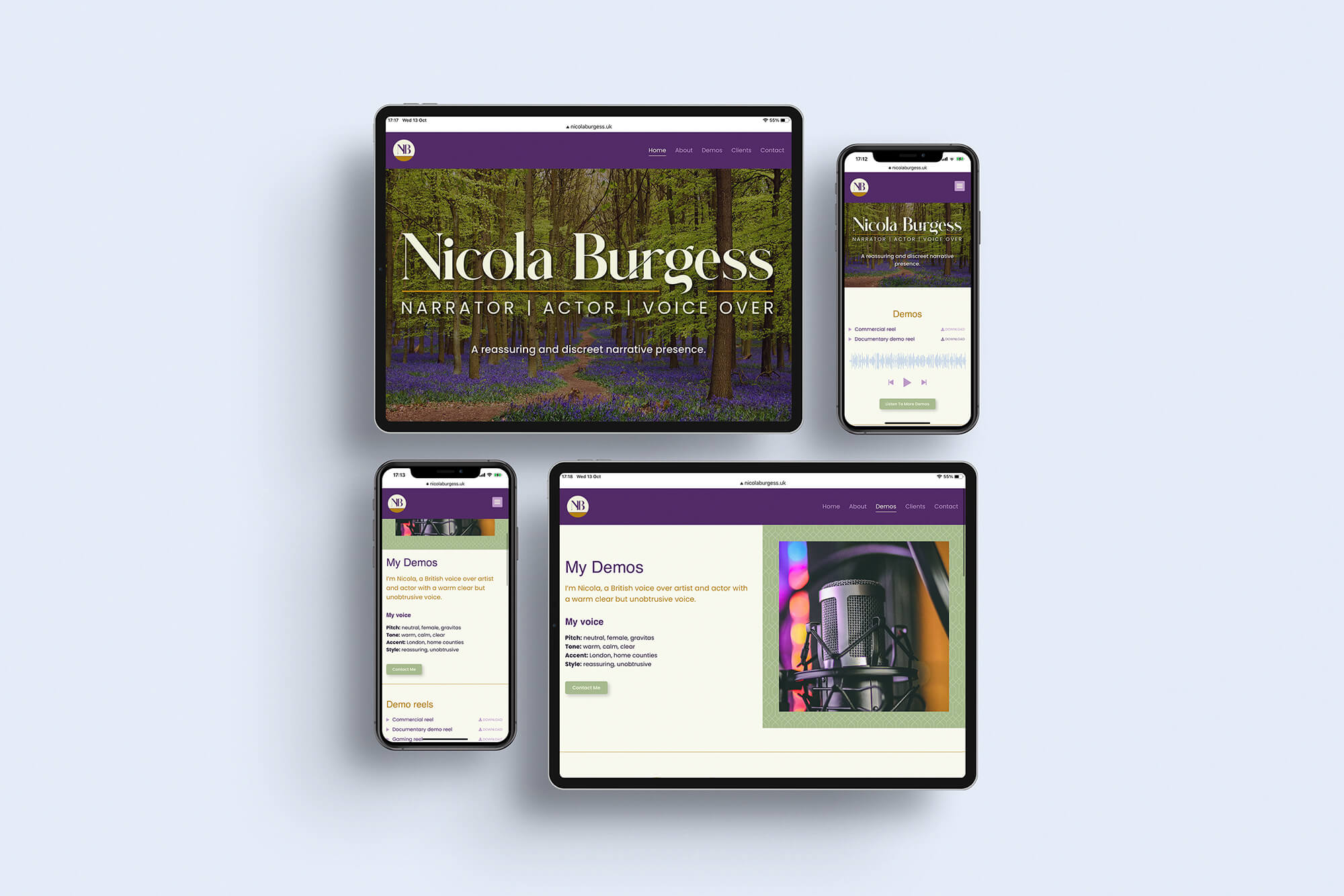 Nicola narrator actor voice over brand logo website stationery