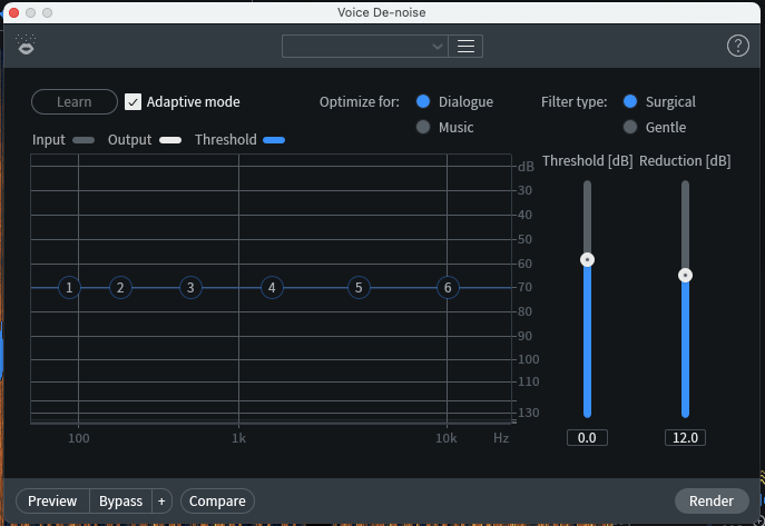 Screenshot of Izotope RX9 voice de-noise tool.