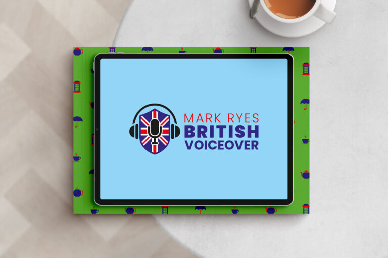 Mark Ryes British voiceover logo is shown on an ipad on a table.