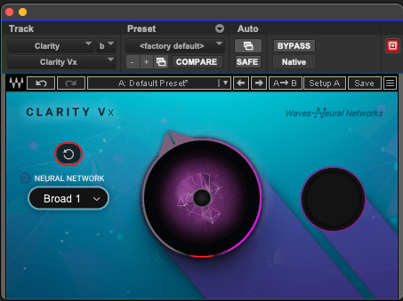 Screenshot of Clarity Vx noise reduction plug-in.