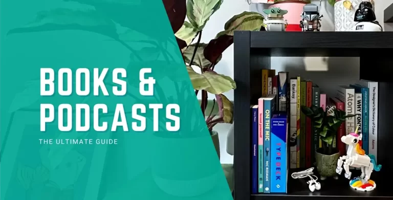 Books and podcasts ultimate guide blog cover image. Helen's book shelf with plants, headphones and a lego unicorn!
