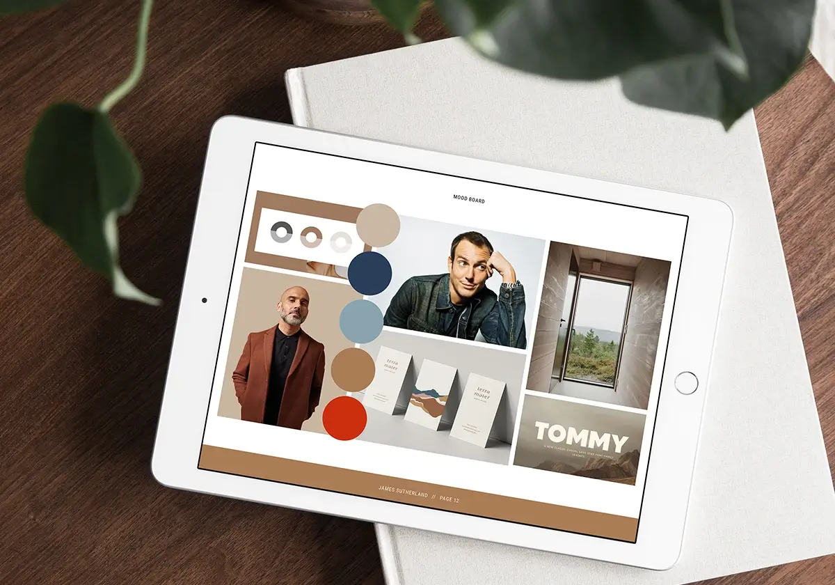 James Sutherland's brand mood board on an ipad.
