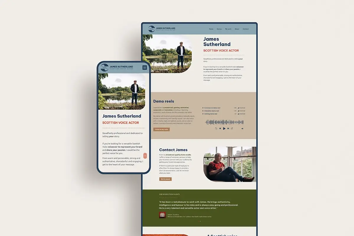 James Sutherland's website home page on desktop and mobile.