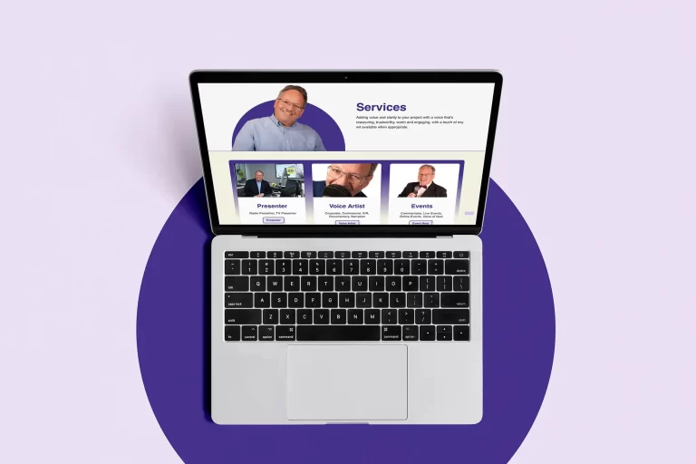 Presenter and Voice Artist Charles Nove's website on a laptop with a dark purple circle behind the laptop.