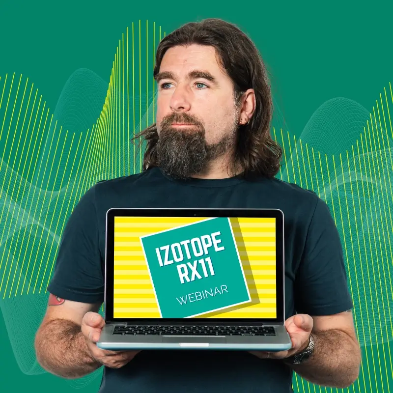 Rob Bee from B Double E holding a laptop that says 'Izotope RX11 webinar'. The background is green with abstract soundwave patterns.