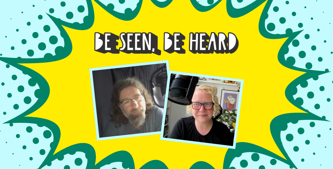 Rob Bee and Helen Bee talking on the VO Social podcast about their new Be seen be heard voice over membership. Screen shots of them both in conversation, with a bright yellow star burst behind and the words "Be Seen, Be Heard" in bold white text with a black outline.