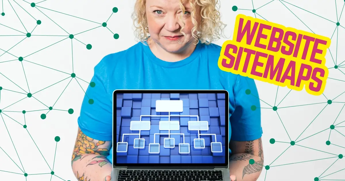 Helen Bee from B Double E holding a laptop open, facing the camera. On the laptop screen is a website sitemap.